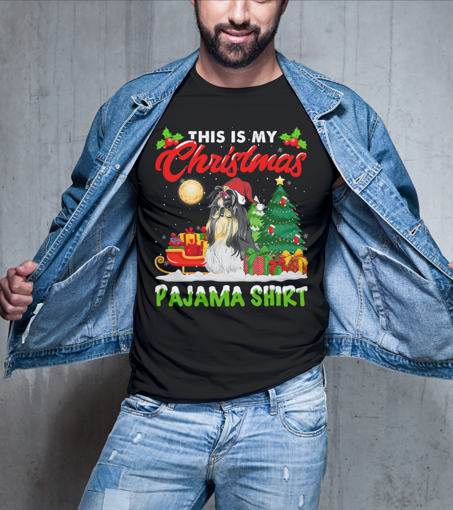 Christmas Pajama Shih Tzu Dog With Santa Hat And Presents T-Shirt
