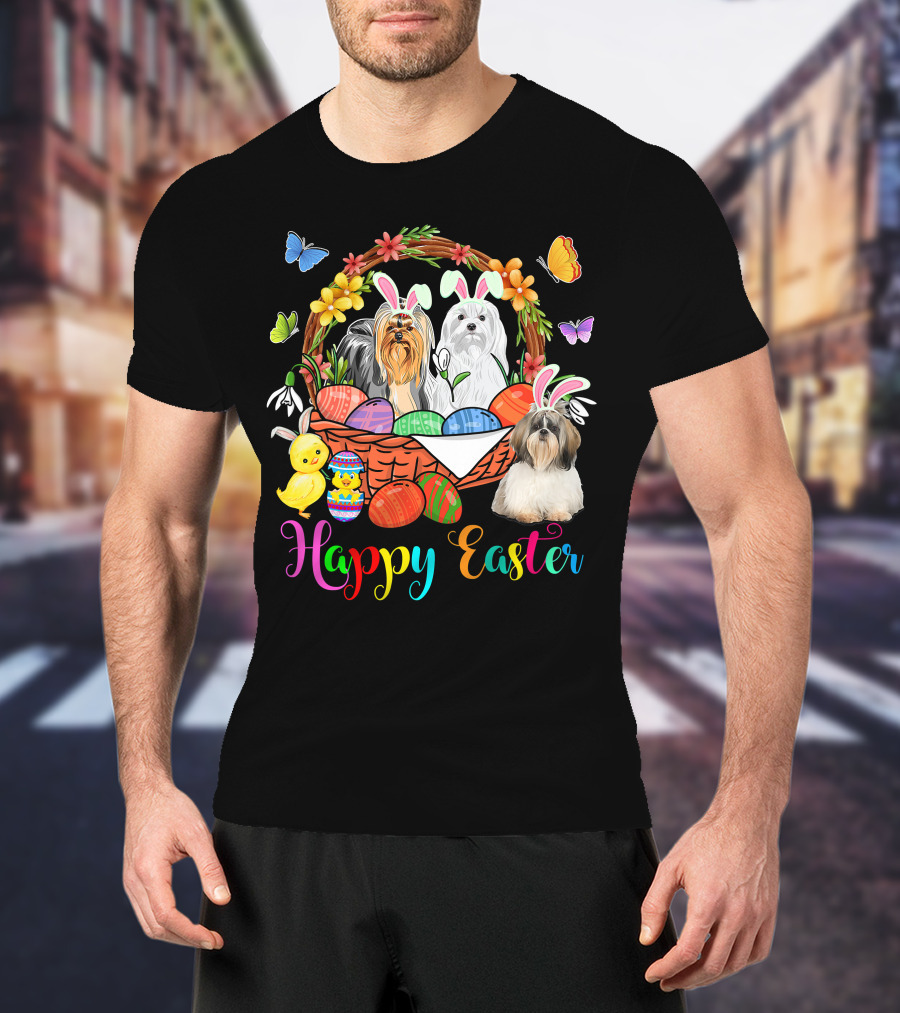 Happy Easter Three Bunny Shih Tzu Dogs In Easter Eggs Basket With Butterflies And Flowers T-Shirt