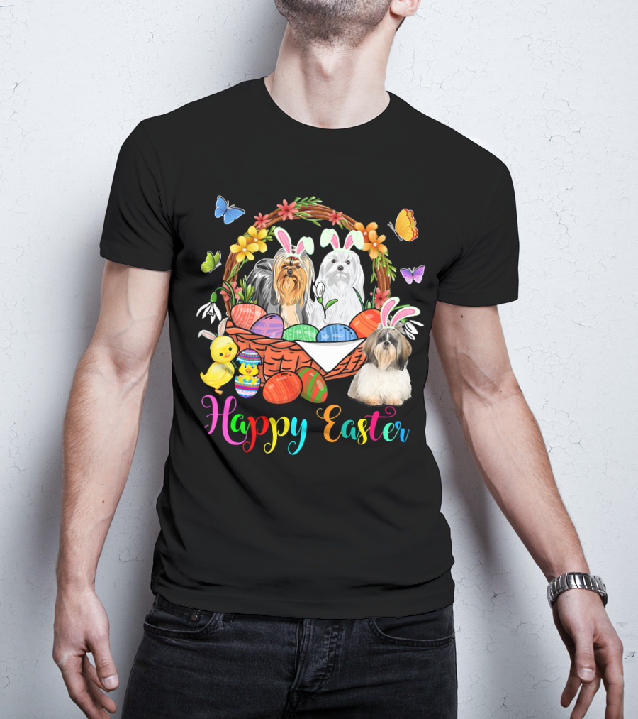 Happy Easter Three Bunny Shih Tzu Dogs In Easter Eggs Basket With Butterflies And Flowers T-Shirt