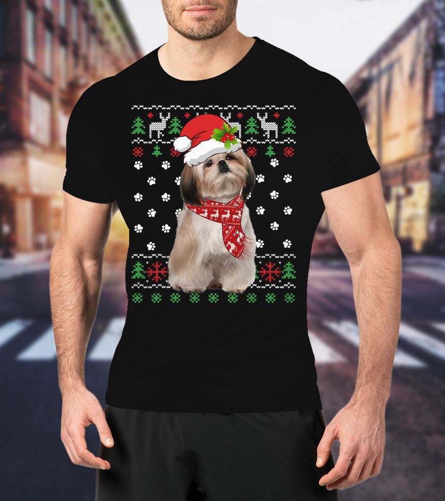 Christmas Shih Tzu Dog Puppy Ugly Sweater Santa Hat Reindeer Scarf T-Shirt
