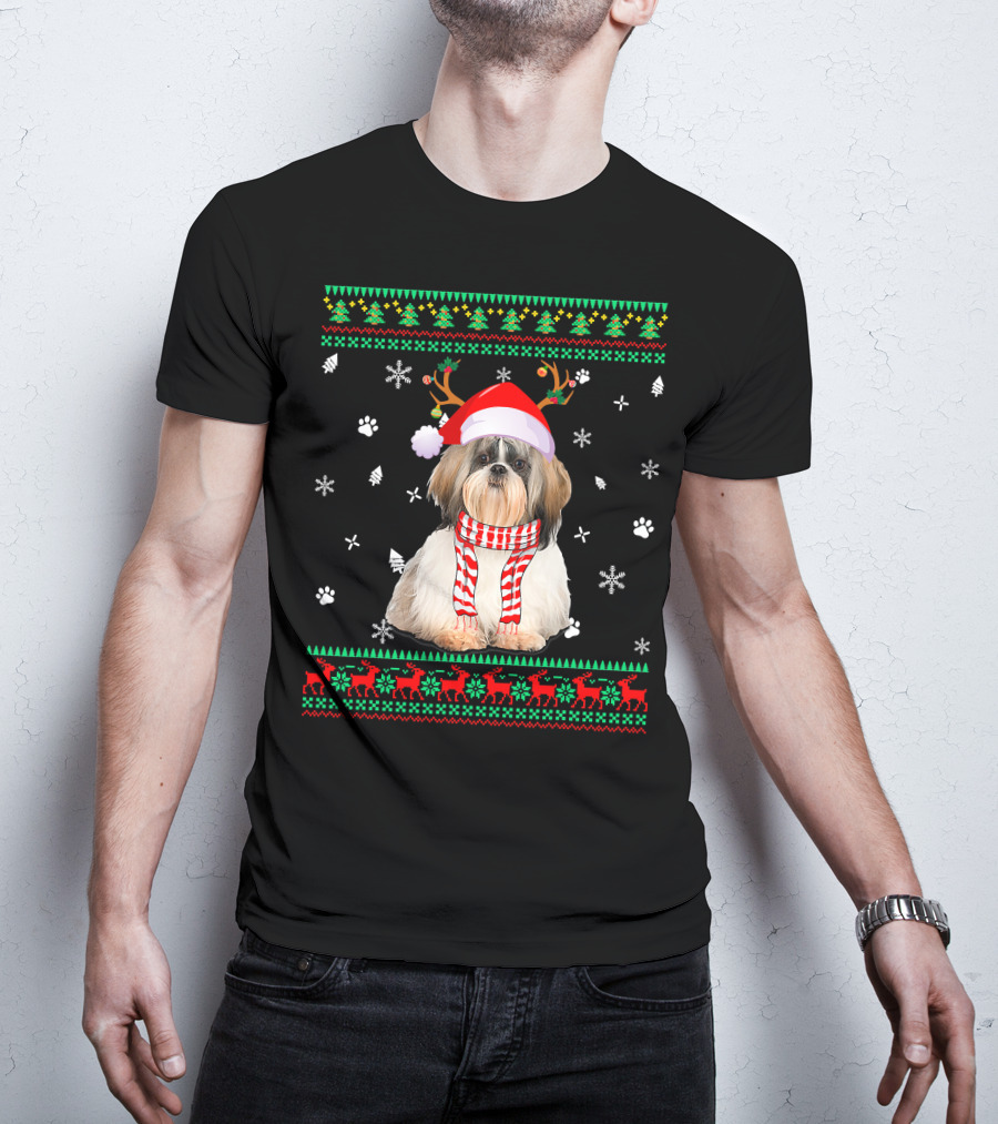 Ugly Sweater Christmas Shih Tzu Dog Santa Reindeer Hat Scarf Festive T-Shirt