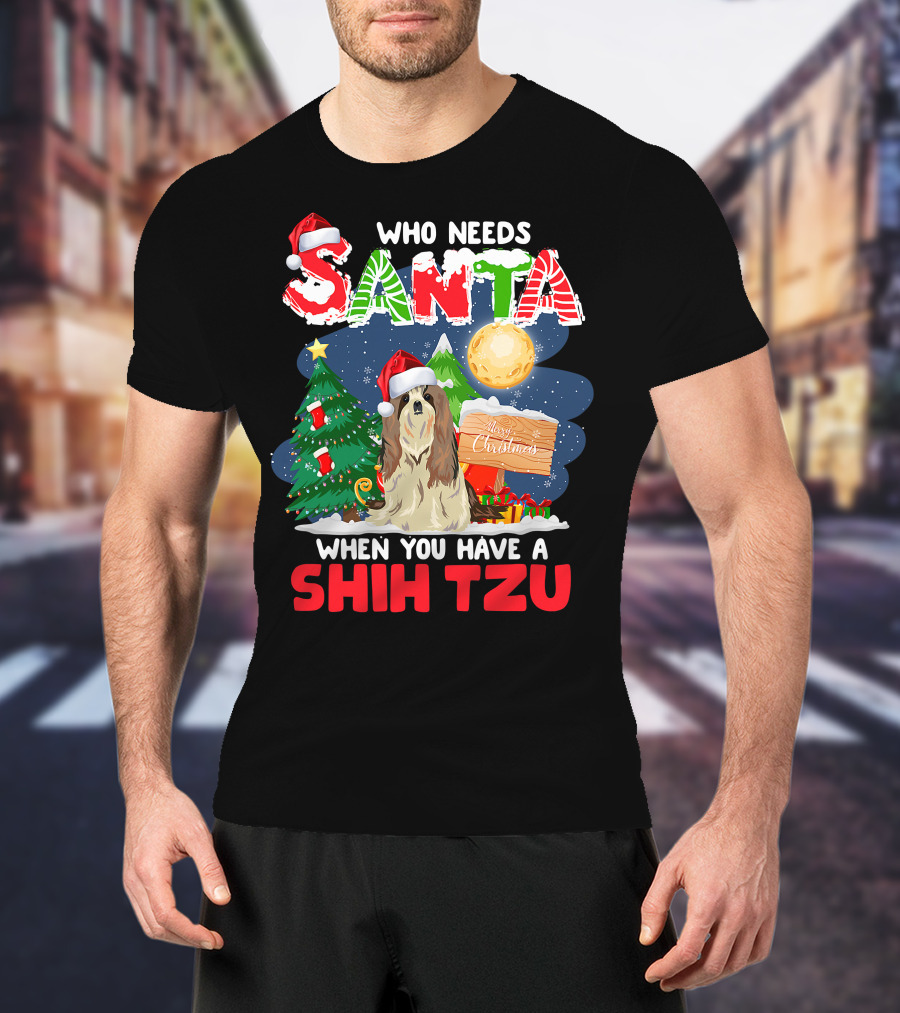 Santa Shih Tzu Merry Christmas Tree Moon Holiday T-Shirt