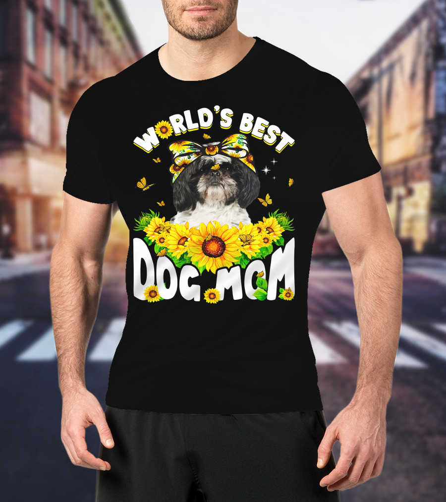 World's Best Shih Tzu Dog Mom Sunflowers And Butterflies T-Shirt