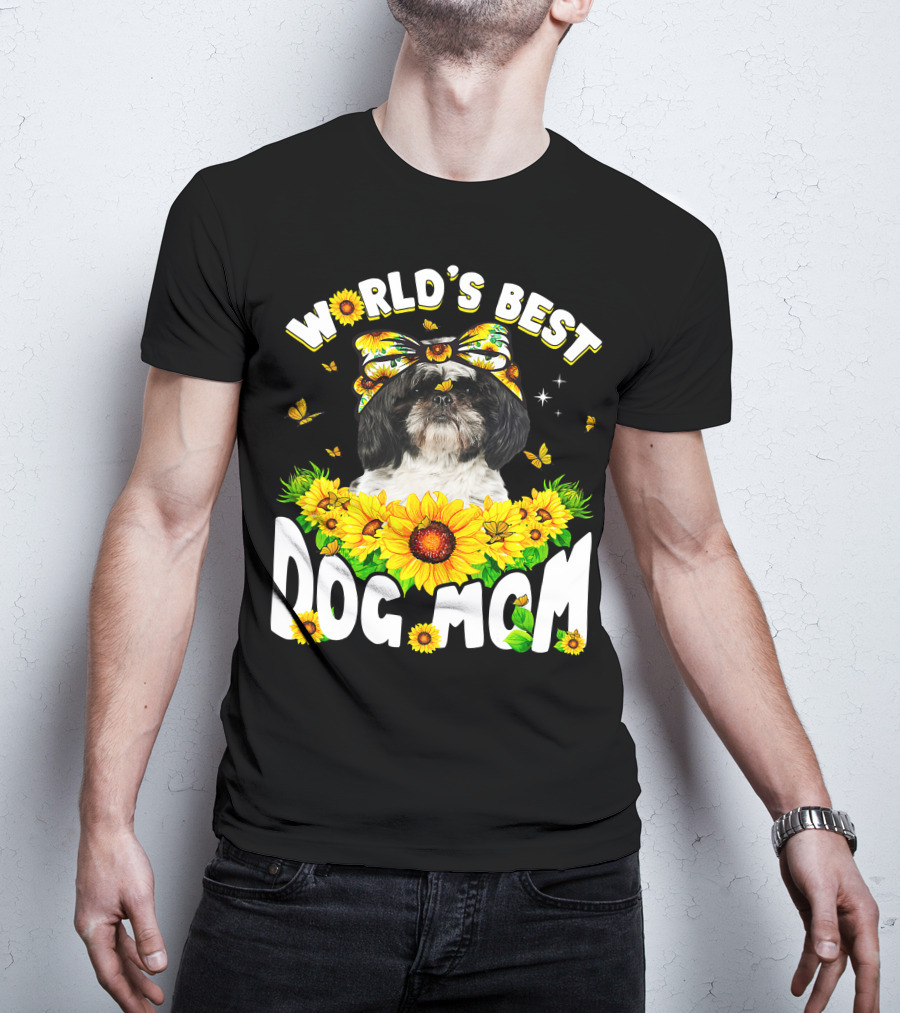 World's Best Shih Tzu Dog Mom Sunflowers And Butterflies T-Shirt