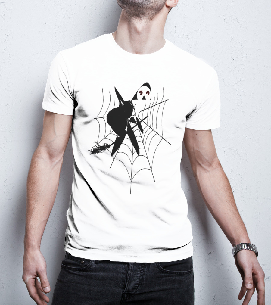 The Witch's House Spiderweb Logo Black Cat And Broomstick Silhouette Halloween T-Shirt