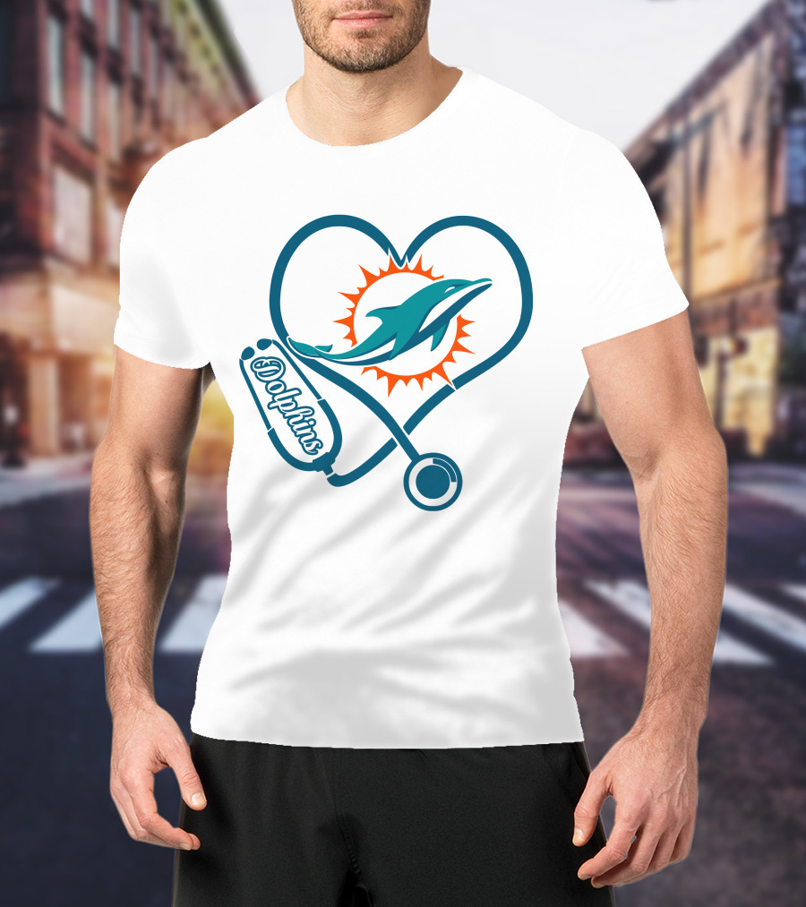 Nurse Heartbeat Miami Dolphins Stethoscope T-Shirt